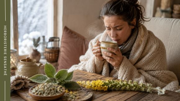 Femme souffrant d’un refroidissement buvant une tisane chaude de bouillon-blanc, plante sudorifique naturelle aussi appelée molène - Herboristerie Sensathé